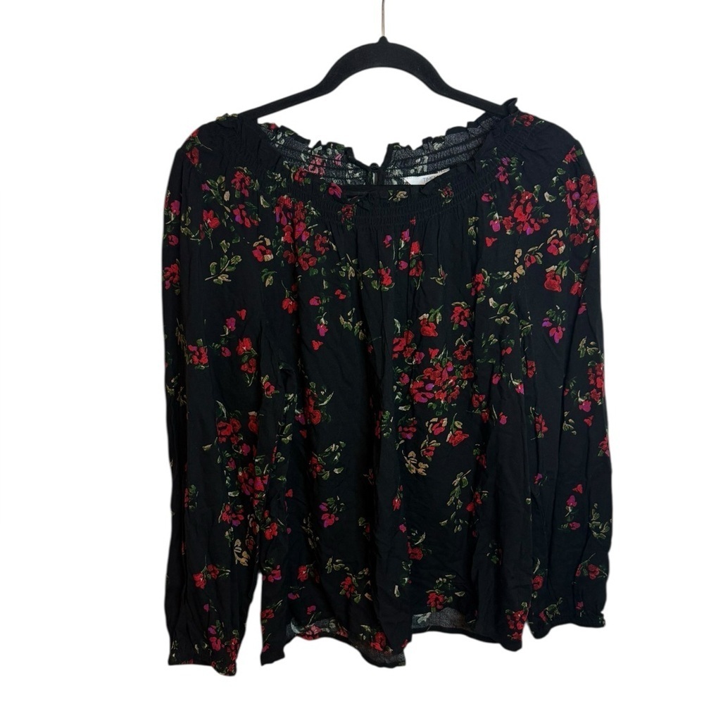 Time and Tru Black Floral Dark Romantic Smocked Neck Blouse